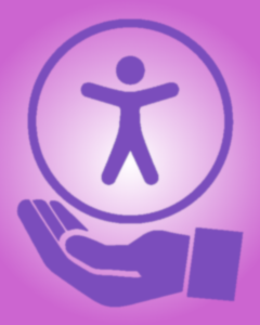 Illustration of an accessibility symbol of a stick-figure person surrounded by a circle. A hand is below the symbol as if holding it.