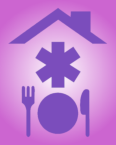 Illustration of a house roof with a chimney, under which is a resource symbol shaped like a cog. Below that is a place setting with a fork, plate, and knife.