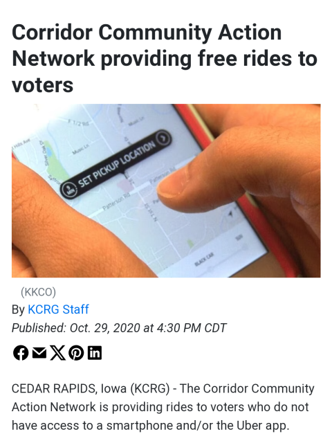 A news article with the headline "Corridor Community Action Network providing free rides to voters"